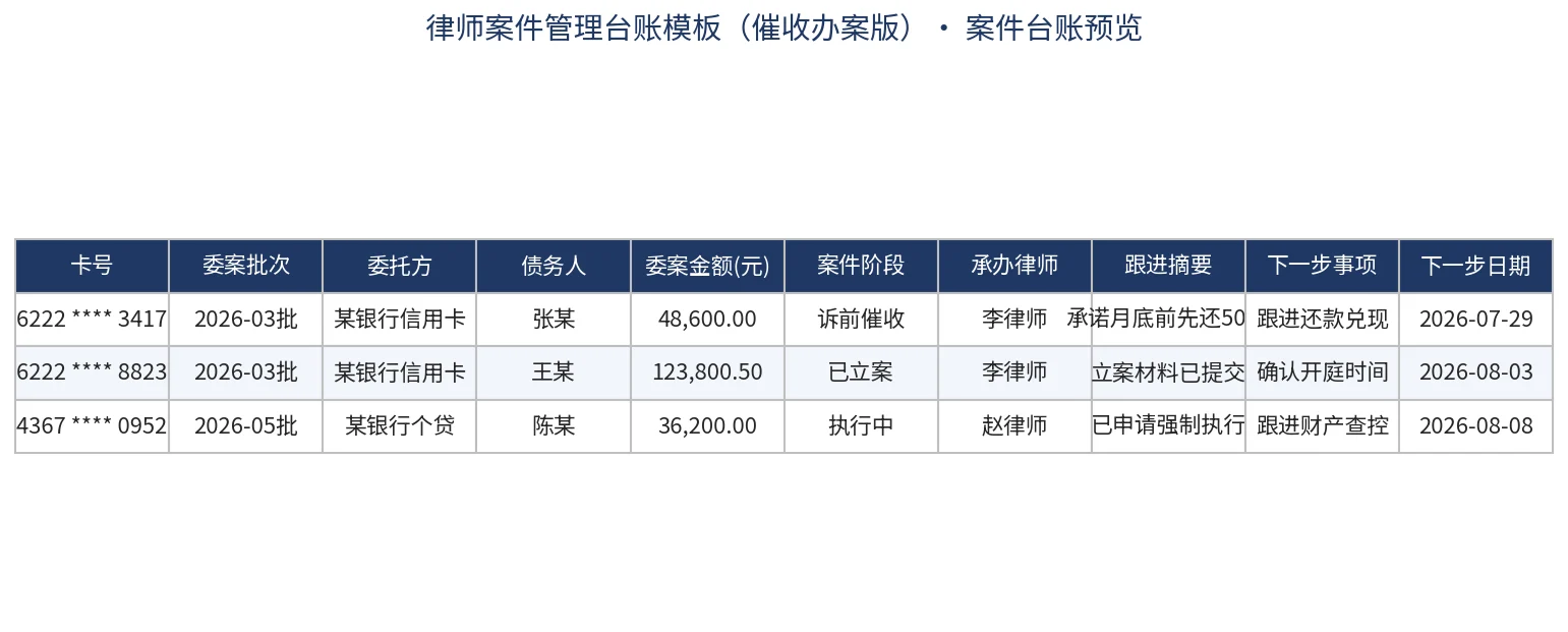 律师案件管理台账模板(催收办案版)预览:以卡号为核心关联键的案件台账
